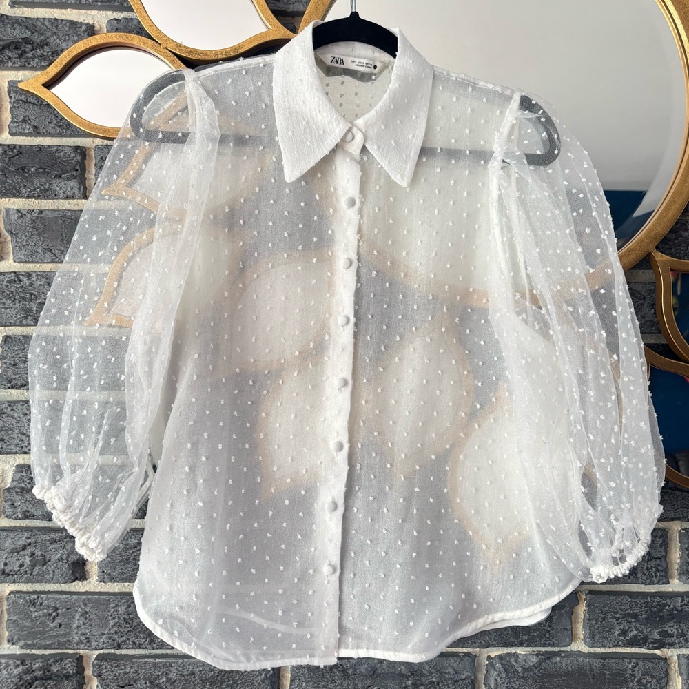 Zara White Sheer Polka Dot Blouse - Picture 3 of 10